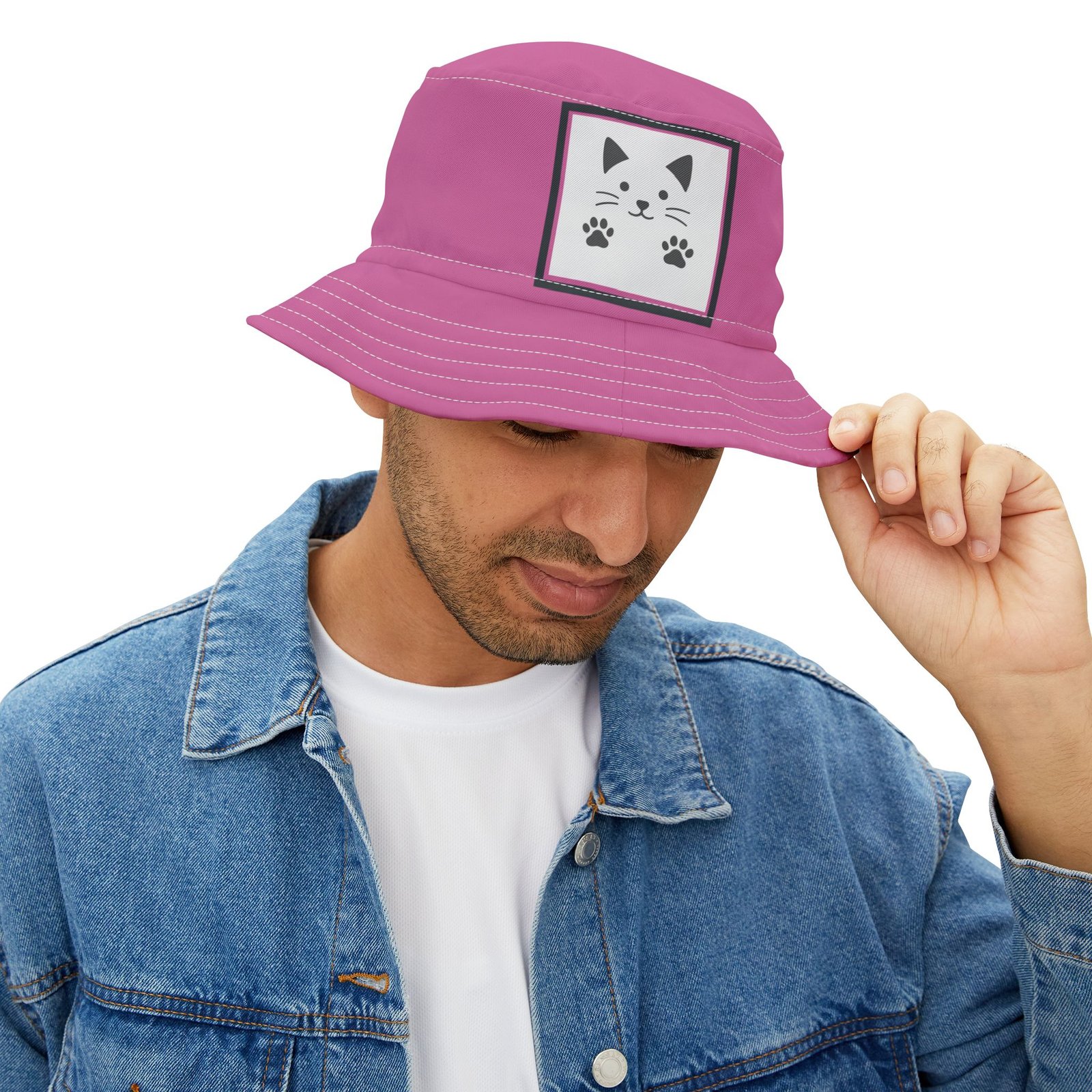Pink  Cat  Colorful Retro Summer Bucket Hat - - Image 2