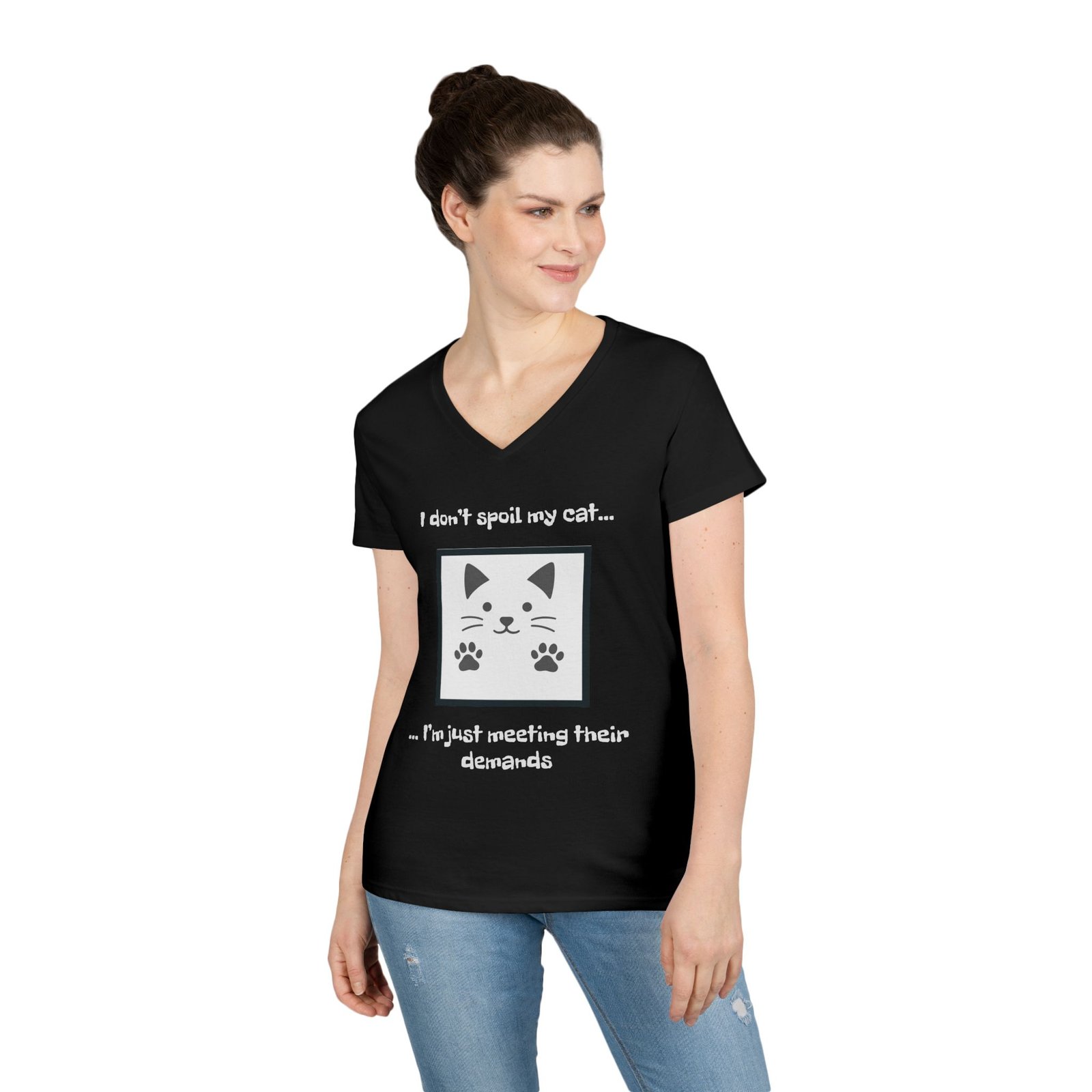 Cat Lover V-Neck T-Shirt - I don’t Spoil my Cat I am just meeting their demands - Image 9