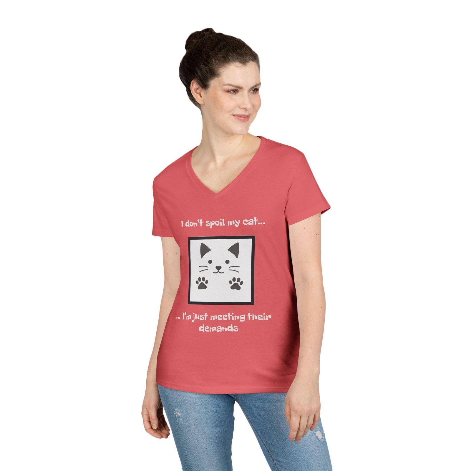 Cat Lover V-Neck T-Shirt - I don’t Spoil my Cat I am just meeting their demands - Image 6