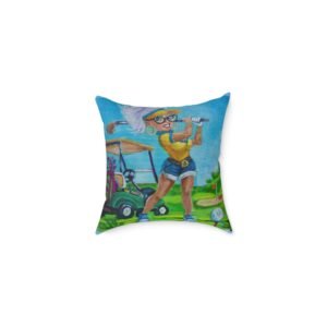 Golf-Themed Square Poly Canvas Pillow, Decorative Pillow for Golf Lovers, Fun Home Decor, Gift for Golf Enthusiasts, Bright Blue Golf Art