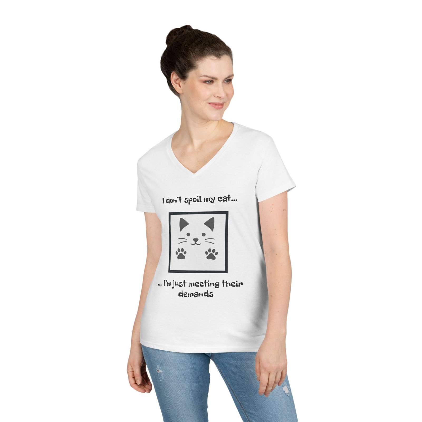 Cat Lover V-Neck T-Shirt - I don’t Spoil my Cat I am just meeting their demands - Image 3