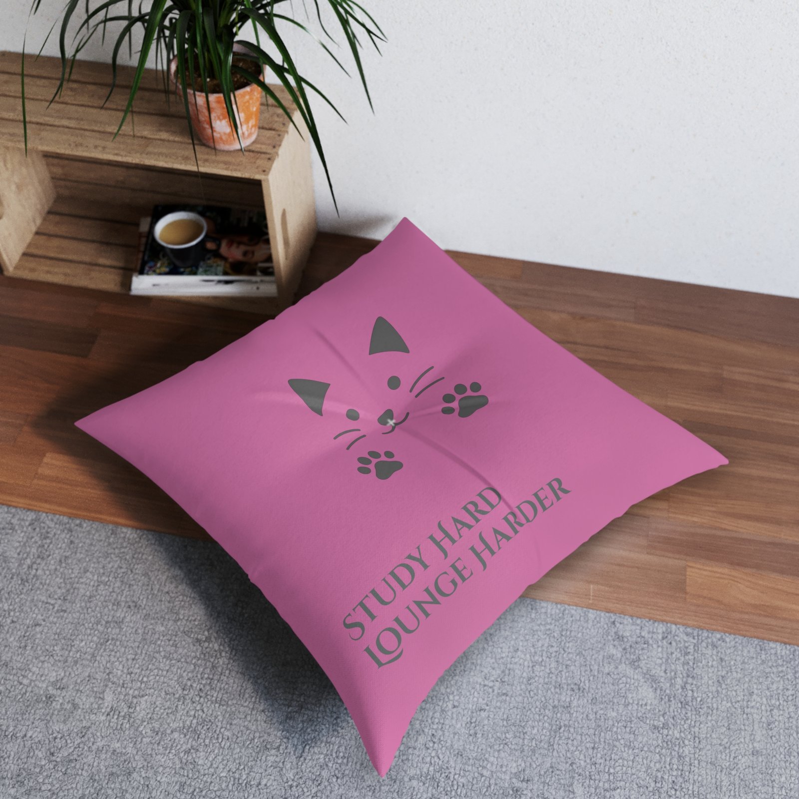 Cozy Tufted Floor Pillow - 'Study Hard, Lounge Harder', with the Gud Cat Decorative Cushion, Home Décor, Relaxation Gifts, Cozy Living Room Accent - Image 4
